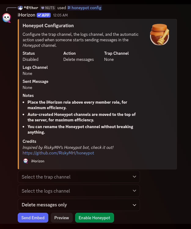 Honeypot configuration panel with its settings embed, menus and buttons.